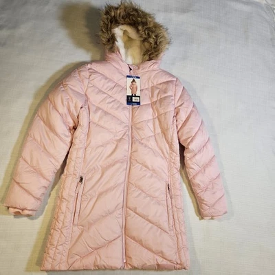 Lands End Youth Girls L (14/16) Quilted Pink Puffer Parka Faux Fur Lined Coat - Image 1 of 4