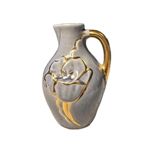 Vintage Studio Pottery Vase Pitcher Embossed Floral, Gold-Tone Handle, Blue Gray - Picture 1 of 6