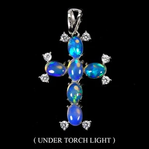 925 Sterling Silber Anhänger Oval Feuer Opal 7x5mm Kreuz No USA Einfuhr Gebühren - Bild 1 von 13