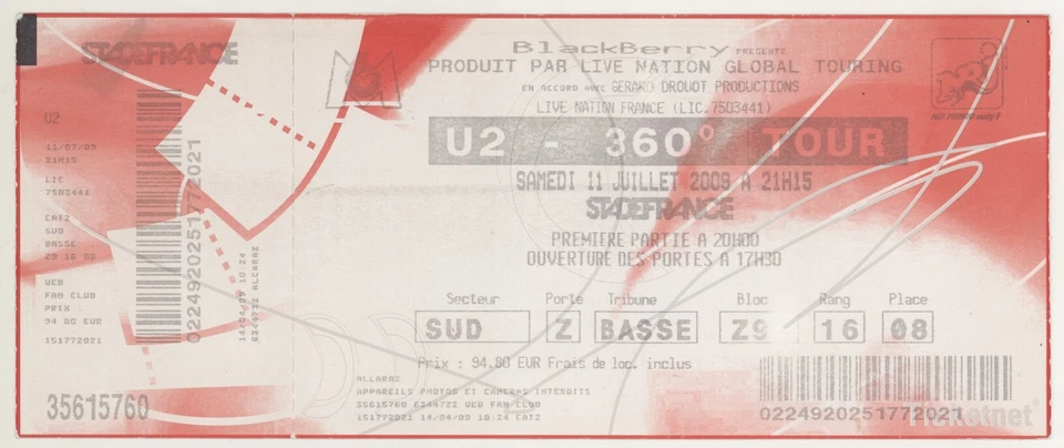 U-2 7/11/09 Saint-Denis Francia Stade de France ¡Enorme boleto raro! U2 Bono Foto 1 de 1