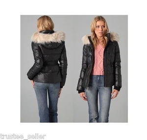 JUICY COUTURE BLACK FAUX FUR HOODED SHIMMER DOWN PUFFER JACKET OUTERWEAR - Picture 1 of 11