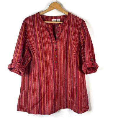 Top de lino Roaman's para mujer talla 20W rojo a rayas cuello redondo botón manga 3/4 Foto 1 de 4