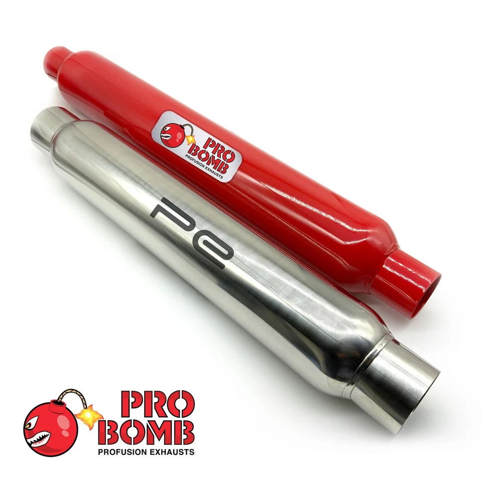 PROFUSION EXHAUSTS Universal Glass Pack Exhaust Pro Bomb Muffler In Cherry Red Or Stainless Steel