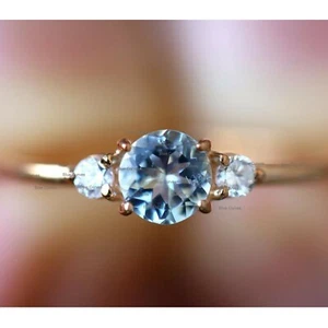 Real Aquamarine Diamond Three Stone Ring Solid 14k Yellow Gold Handmade Jewelry - Picture 1 of 3