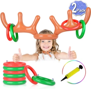2 Set Inflatable Reindeer Ring Toss Game with Antlers and 12 Rings, Family Chris - Picture 1 of 12