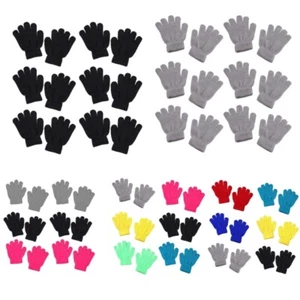 6 Pairs Kids Winter Knitted Full Finger Gloves Neon Solid Color Warm Mittens - Picture 1 of 10