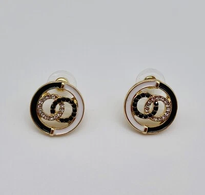 Pendientes dorados negros blancos circulares OO circonita cúbica redondos de lujo de moda lindos pendientes elegantes Foto 1 de 4