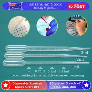 1ml 2ml 3ml Pipette Plastic Disposable Eye Dropper 15 pieces Lab Craft Paint DIY - Picture 1 of 11