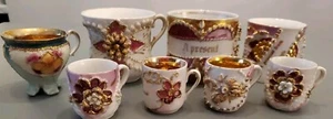 8 Germany Pink & Gold flower Cups Mini MV Co. Handpainted Dingle Lusterware - Picture 1 of 7