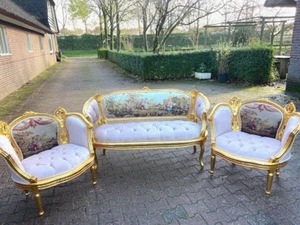 Sofa with Chairs Set Louis XVI 1950 French Corbeille Bergere Chairs Tan Velvet - Picture 1 of 24