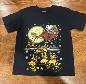 Peanuts Santa Snoopy In A Sleigh Woodstock Navy T-Shirt Size Youth L - Bild 1 von 8