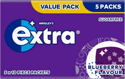 Wrigley's Extra Chewing Gum, Blueberry Flavour, 5 Packs of 10 Pieces, Sugar...  - Image 1 of 4