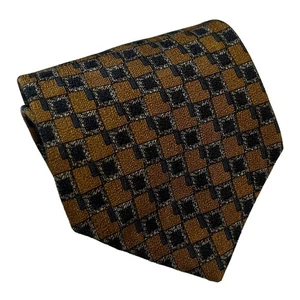 Kenneth Cole Gold Blue Square Windowpane Lattice Geometric Pattern Silk Tie - Picture 1 of 6