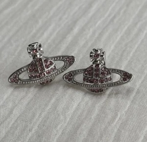 Vivienne Westwood Style Pink Mini Bas Relief Earrings Silver Crystal Orb - Picture 1 of 4