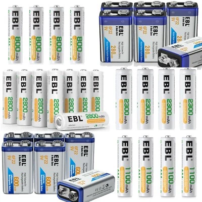 EBL 1.2V AA AAA Rechargeable Batteries 280/600mAh 9V Ni-MH / Li-ion Battery Lot - Image 1 of 4