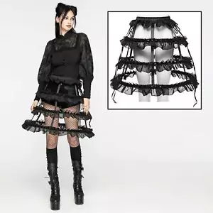 PUNK RAVE Reifrock Kurz 3 Reifen Schwarz mit Spitze Tüll Panier Bird Cage GOTHIC - Picture 1 of 9