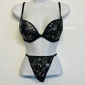 Victoria's Secret wunderschöner Plunge Glitzer Pailletten BH 32D Tanga Höschen Set schwarz - Bild 1 von 15