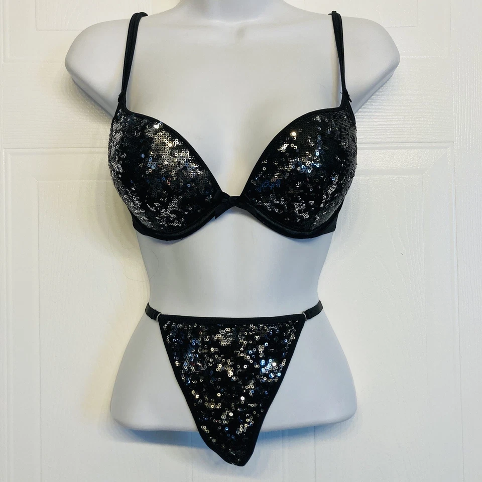 Victoria's Secret Gorgeous Plunge Bling Sequin Bra 32D Thong Panty Set Black - Image 1 of 4