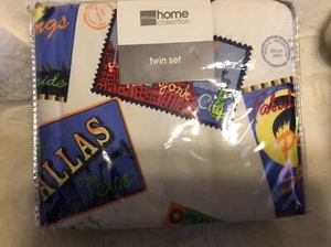 Rare JCPenny Sheet Set POSTCARDS Flannel  city state travel SZ Twin NEW - Picture 1 of 10