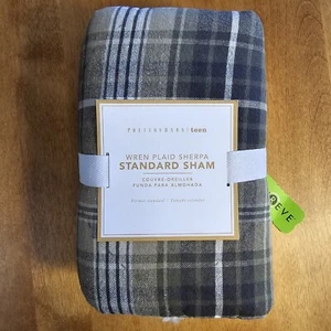 POTTERY BARN TEEN WREN PLAID FLANNEL SHERPA BACK SHAM STANDARD ~ GREEN MULTI - Picture 1 of 5