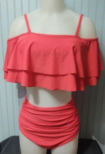 Tempt Me Women's Two-Piece High Waist Bikini Swim Suit Off Shoulder Coral XSmall - Picture 1 of 3