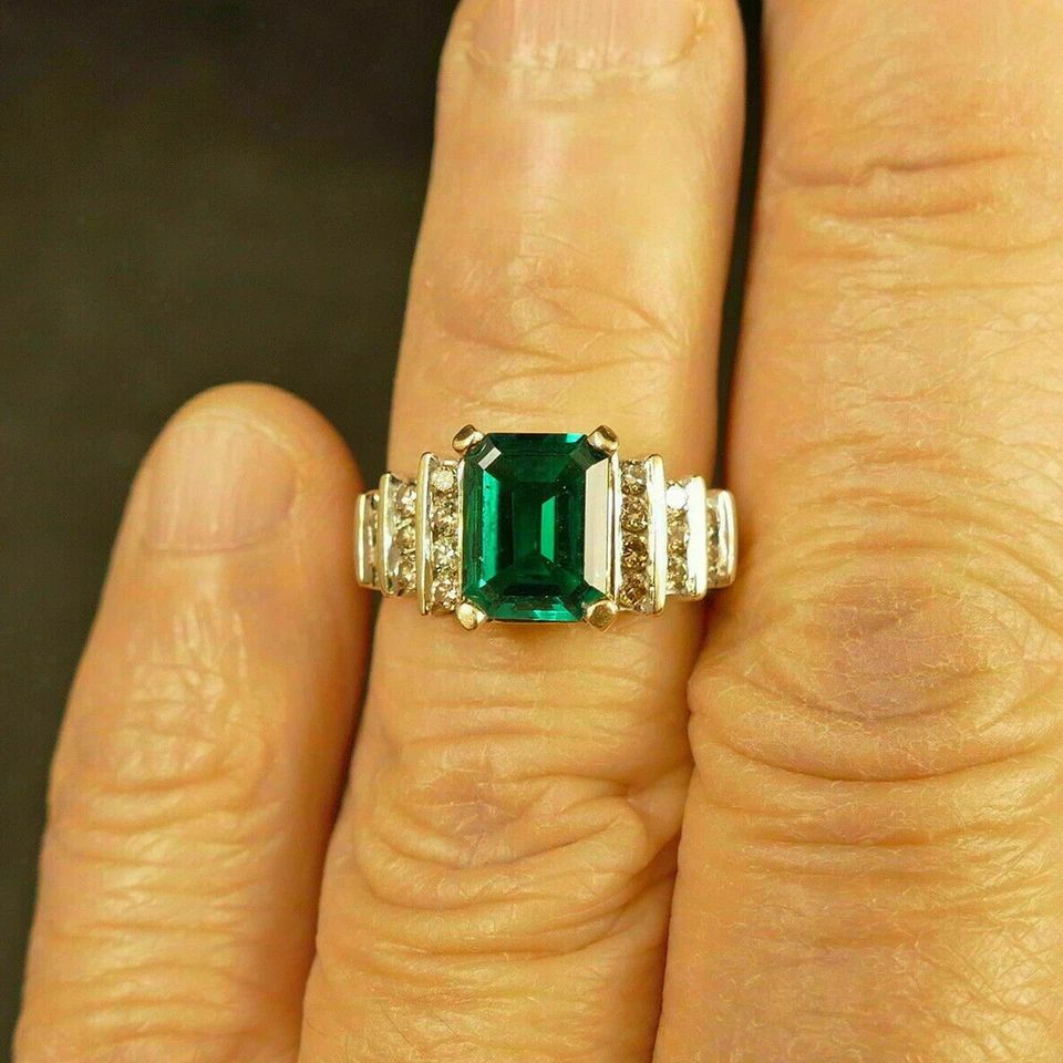 3,60 Kt Grün Smaragd Diamant Hochzeit Ring Verlobungsring Gelbgold-Finish Silber - Bild 1 von 4