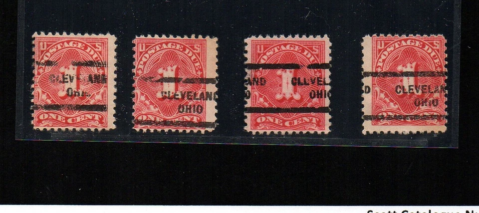US #J61, four stamps, each with misplaced EFO precancel of Cleveland, Ohio. - Image 1 of 1
