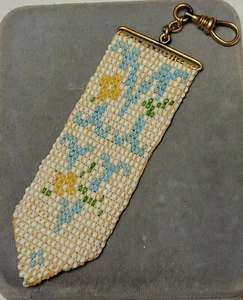 Victorian Hand made Woven Seed Beaded MV Monogram Watch Fob Swivel 4a 17 - Picture 1 of 5