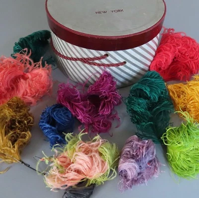 Antique Hat Box Filled w 11 Colorful Curly OSTRICH Feather PLUMES * Millinery - Image 1 of 4