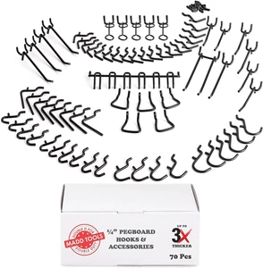 Extra Thick Black 1/4'' Pegboard Hooks for Hanging Tools, Set of 70 Pieces 1/4'' - Picture 1 of 6