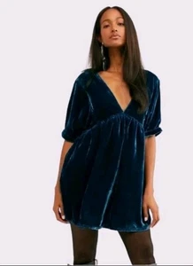 Free People Ivy Velvet Mini Dress Size XS Babydoll Teal Blue             (ZE) - Picture 1 of 7