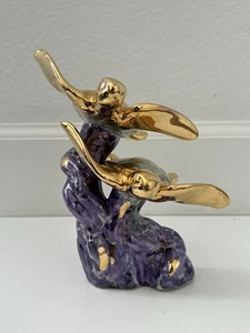 Gold Sea Turtle Figures Home Decor Art Purple Coral Coastal Nautical Beach - Picture 1 of 19