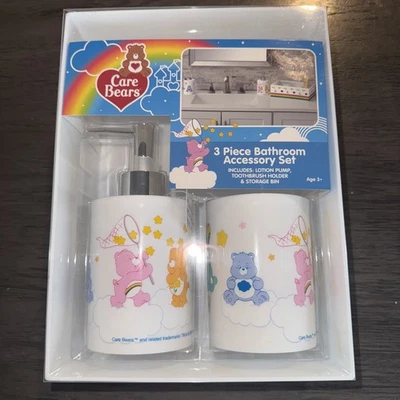 NEW Care Bears 3pc Bathroom Accessories Set Toothbrush Cup/Soap Pump/Storage Bin Foto 1 de 4