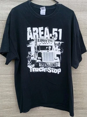 Area 51 Radioactive XL T Shirt Peterbilt UFO Truck Stop 100% Cotton Black  - Image 1 of 4