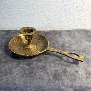 VTG Brass Candlestick Holder Etched Pattern w/Handle Drip Tray Home Decor VGC - Picture 1 of 15