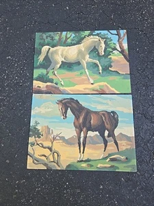 Set of 2 Vintage Paint by Number Brown And White Horse Paintings 14" By 10" - Picture 1 of 5