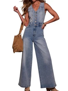 Damen Denim Overalls Jumpsuits Ärmellos Button Down V-Ausschnitt Weites Bei4805 - Bild 1 von 6