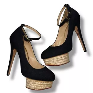 Charlotte Olympia schwarze Canvas Dolores Espadrille Plateau Riemchen Pumps - Bild 1 von 14