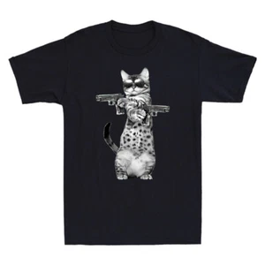 Cat Gangster With Gun Meme Funny Gift Lover Cat Novelty Men's Cotton T-Shirt Tee - Picture 1 of 8