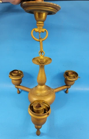 Light Fixture Ceiling Hanging Brass 3 Bulb Socket Antique 1900s Cover