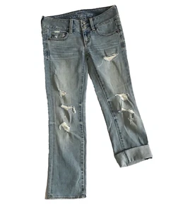 Jeans American Eagle Artist elasticizzati crop invecchiati distrutti vita bassa AEO taglia 00 - Foto 1 di 9