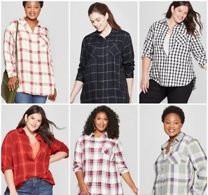 Damen Übergröße - kariert No Gap - Button Down Langarm Hemd - Ava & Viv - Neu mit Etikett - Bild 1 von 13