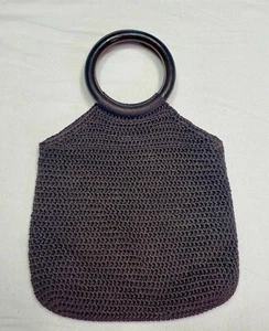 VTG Dark Brown Macrame Round Wooden Handles Boho 70s Retro Purse - Picture 1 of 10