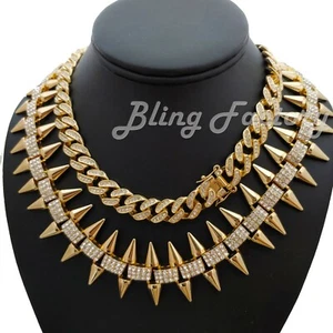 Hip Hop Gold PT Full Iced 18" Cuban & 20" Spike Bling Choker Chain Necklace Set - Picture 1 of 9