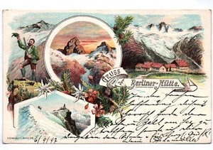 Cartolina litografica Saluti dalla capanna di Berlino 1897 timbro K K porta lettere Mayrhofen - Foto 1 di 2