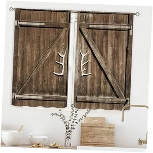 Farmhouse Kitchen Curtains Rod Pocket 27.5W x 39L Inch Brown Barn Door Wooden - Picture 1 of 6