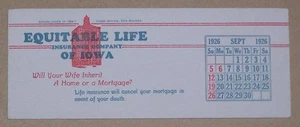 VINTAGE UNUSED 1926 ADVERTISING INK BLOTTER CALENDAR, EQUITABLE LIFE INSURANCE - Picture 1 of 1