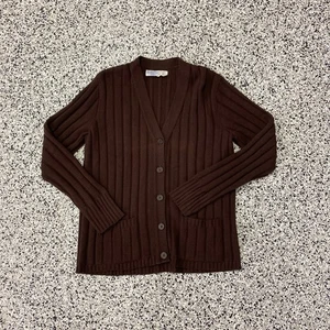 Cardigan vintage Sears 100% Orlon acrilico marrone a righe maglia scollo a V taglia 42 - Foto 1 di 4