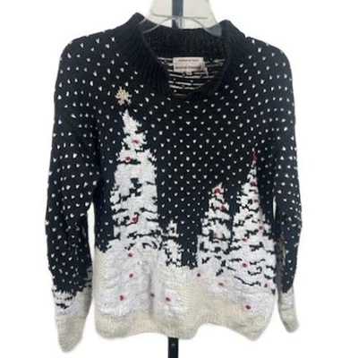 Lauren Hansen вязаный ручной свитер рождественские елки снег сцены черный размер маленький - Изображение 1 из 4