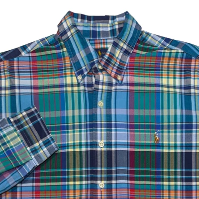 Polo Ralph Lauren Para Hombres Grande Colorida Camisa Oxford a Cuadros Botón Delantero Preppy Usada en Excelente Condición Foto 1 de 4